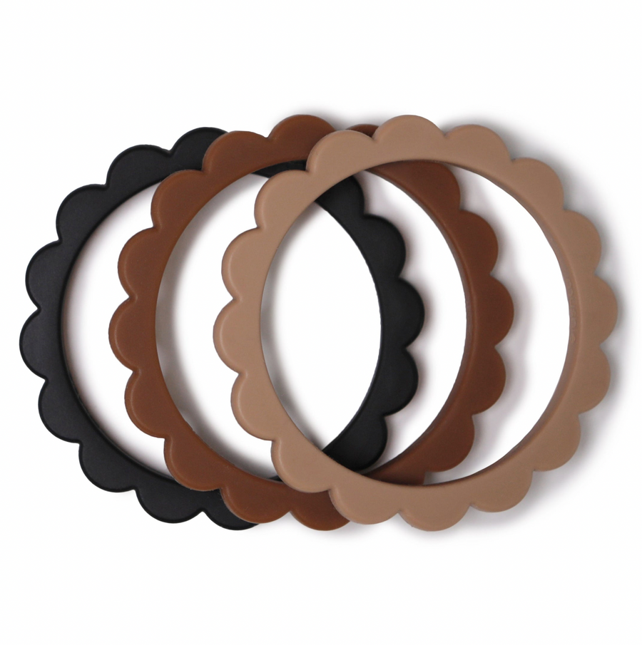 Mushie - Flower teether bracelet - 3 pack - Black/Natural/Caramel